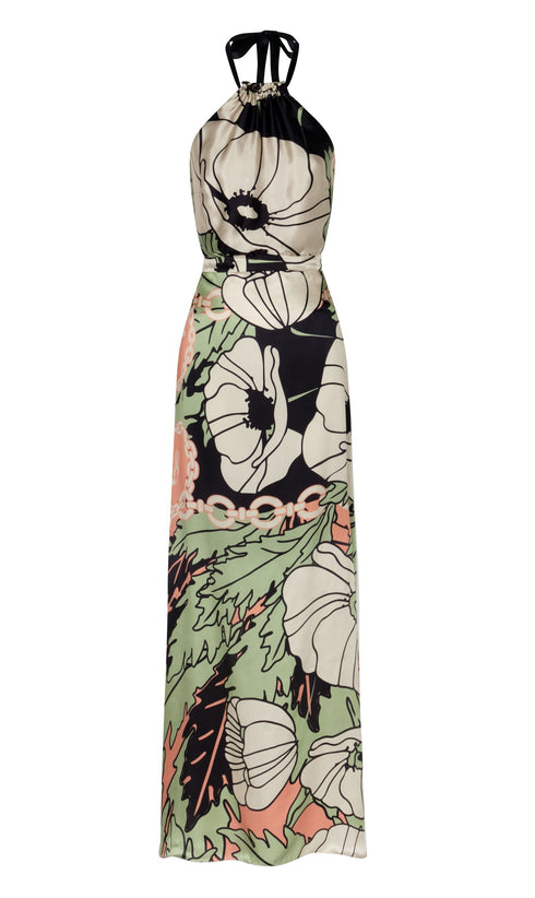 Magdalena Satin Silk Maxi Dress / Sage Gladiolos Garden