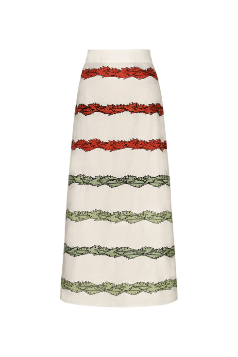 El Carmen Embroidered Cotton Midi Skirt / Ivory Striped Helechos