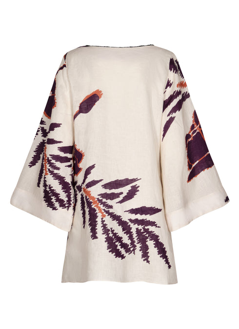 Nazare Linen Mini Tunic Dress / Ecru - Purple Gladiolos
