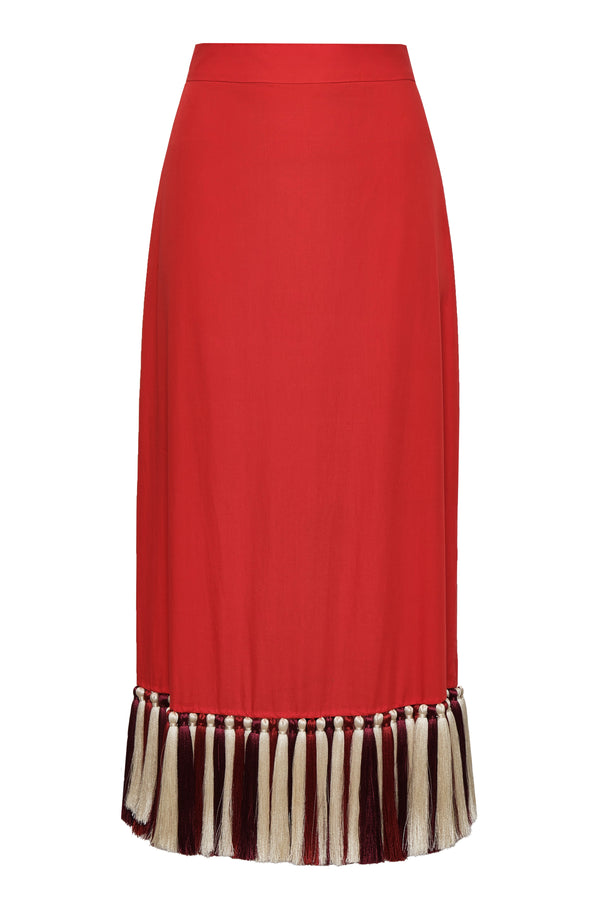 Rocio Cotton Midi Skirt / Red & Handmade Wine Tassels