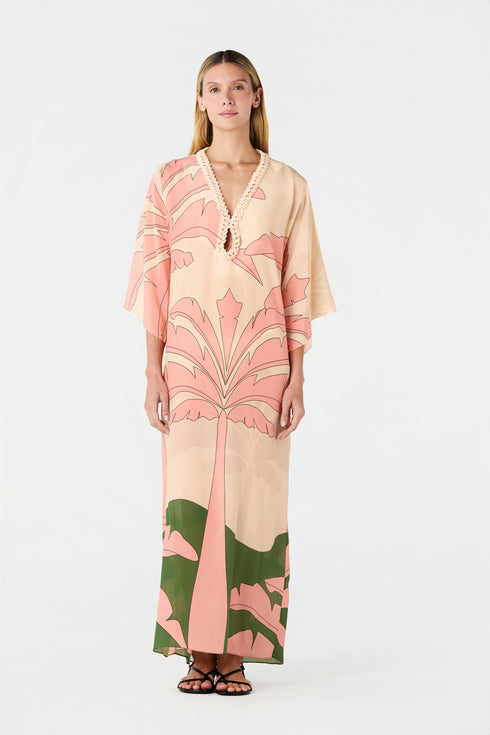 Andina Hand-Embroidered Crepe Tunic / Peach Palms