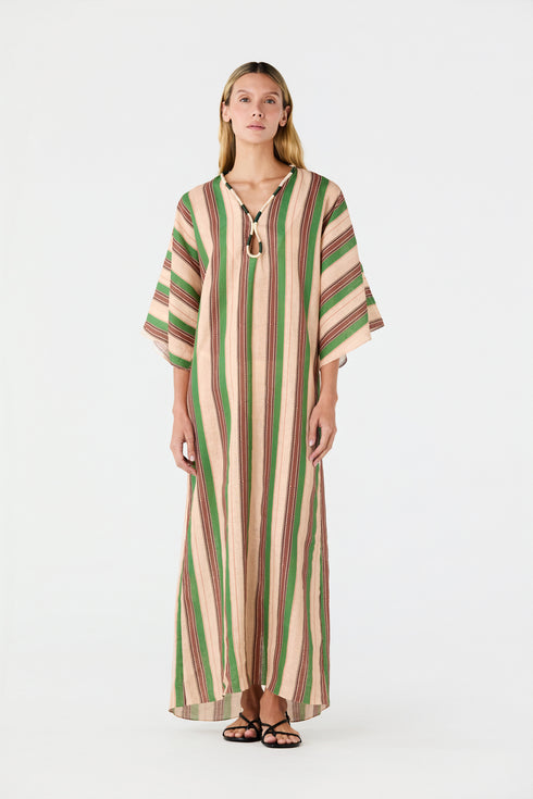 Andina Hand-Embroidered Linen Tunic / Green Artisanal Stripes