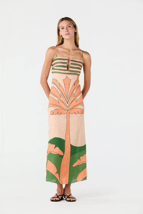 Antigua Linen Midi Dress / Peach Palms