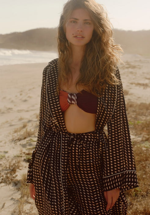 Western Satin Silk Kaftan / Black & Ivory Seeds