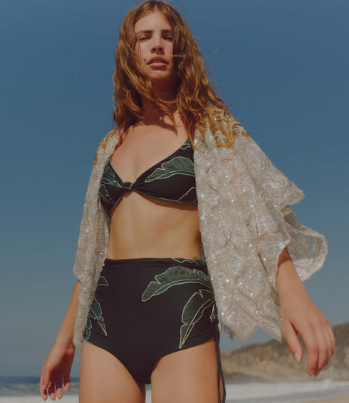 Victoria Hand Embroidered Bottom / Aquamarine Palms - Metallic Mint