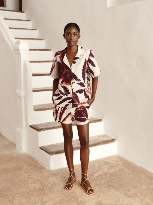 Tomaso Linen Shirt / Ecru - Purple Gladiolos