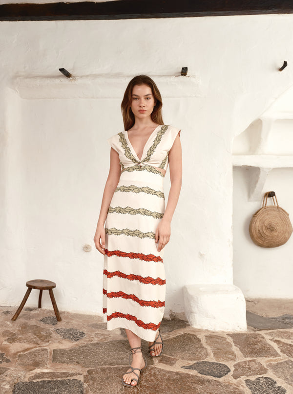 Quinto Sol Cotton Midi Dress / Ivory Striped Helechos
