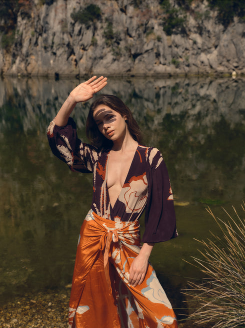 Sambale Crepe Chine Bodysuit / Purple Gladiolos