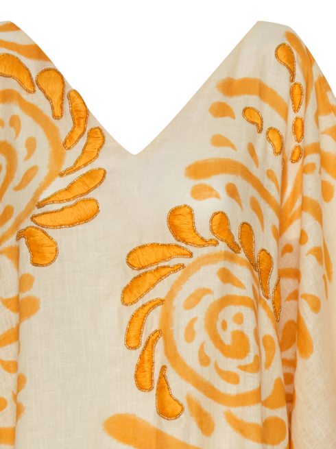 Morena Hand Embroidered Linen Closed Tunic / Ecru Yellow Arabesque