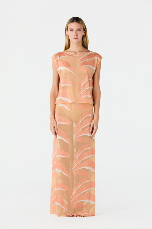 Solana Embroidered Mesh Maxi Skirt / Peach Palms