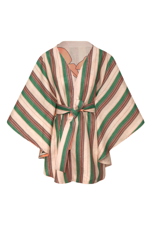 Cavalo Linen Poncho / Peach Palms - Green Artisanal Stripes