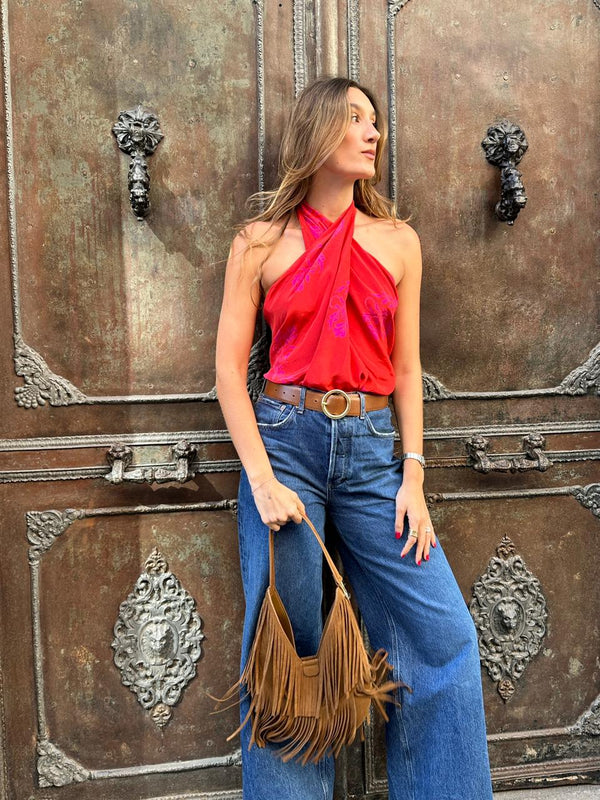 Cayetana Silk Crepe Blouse / Red & Fuchsia Buganvilias