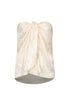 Ivory silk jacquard strapless blouse with a front-tie sarong-style drape and rainforest pattern.