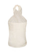 Ivory silk jacquard halter blouse with a wrap-style bodice and adjustable neck tie.