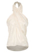 Ivory silk jacquard halter blouse with a draped, wrap-style front and rainforest pattern.