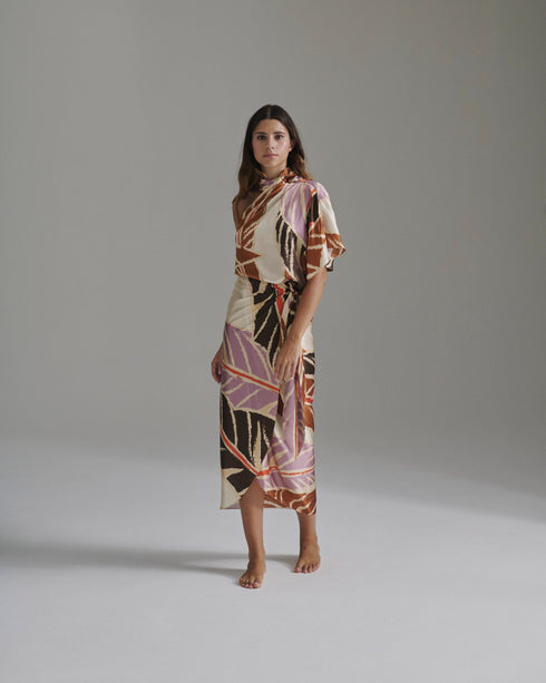 Chiminango Satin Silk Blouse / Lilac Platanera Leaves