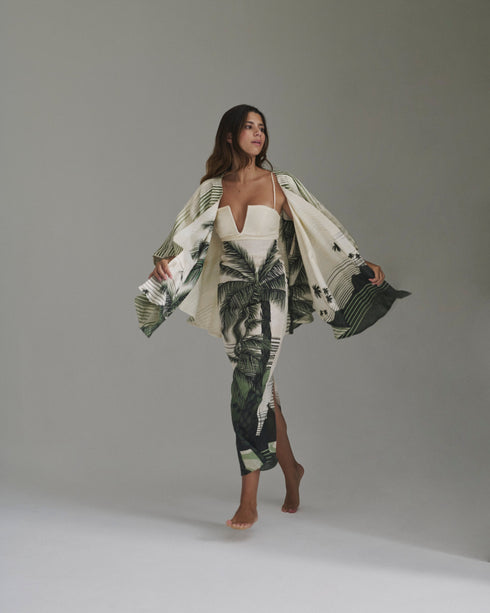 Antigüa Linen Midi Dress / Green Tropical Landscape