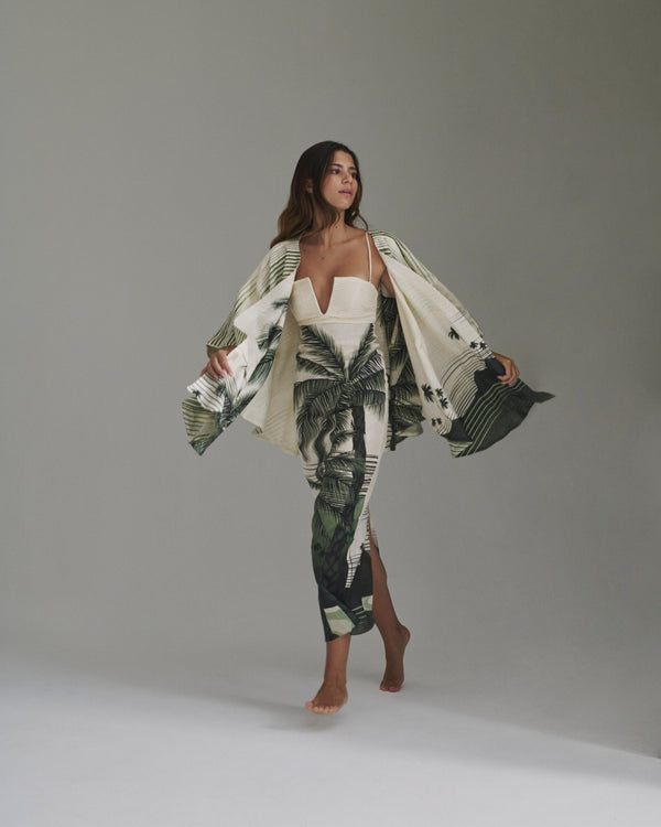 Antigüa Linen Midi Dress / Green Tropical Landscape