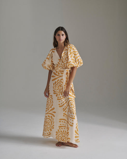 Ermita Linen Midi Dress / Ecru Yellow Arabesque