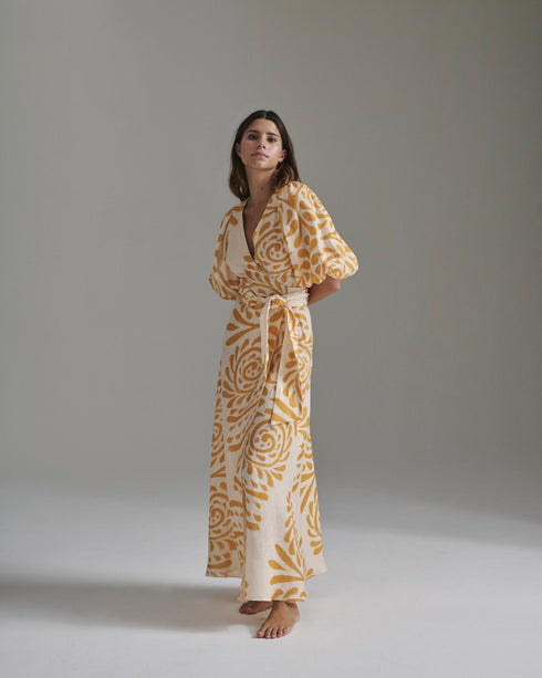 Ermita Linen Midi Dress / Ecru Yellow Arabesque