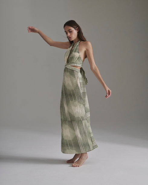 San Agustin Pleated Linen Midi Dress / Green Stripes