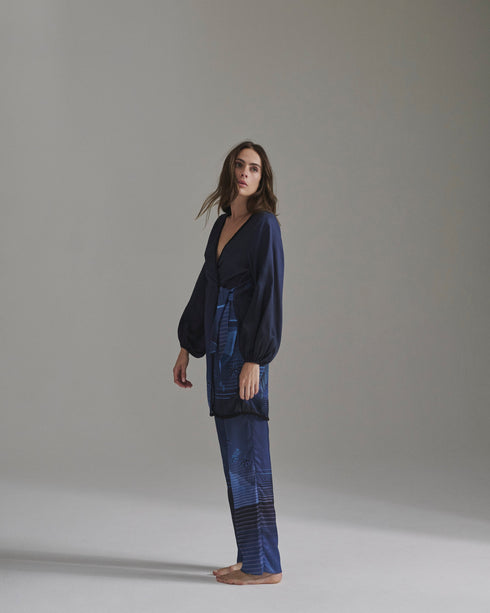 Santo Tomás Martellato Silk Pants / Navy Tropical Landscape