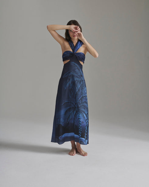 Santo Tomás Martellato Silk Dress / Navy Tropical Landscape
