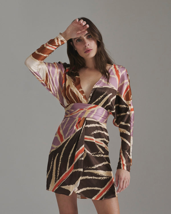 Grecia Satin Silk Mini Dress / Lilac Platanera Leaves