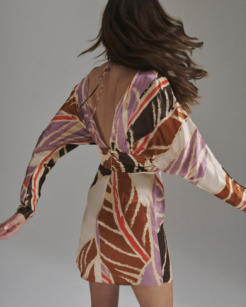 Grecia Satin Silk Mini Dress / Lilac Platanera Leaves