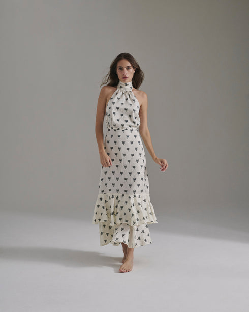 Sevilla Martellato Silk Skirt / Ivory - Black Polka Palms