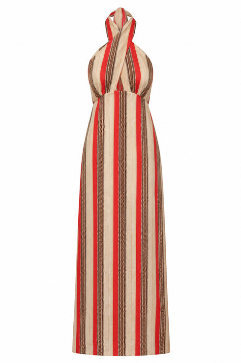Costa del Sol Linen Midi Dress / Orange Linen Stripes