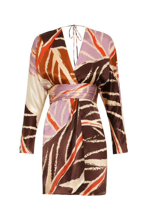 Grecia Satin Silk Mini Dress / Lilac Platanera Leaves