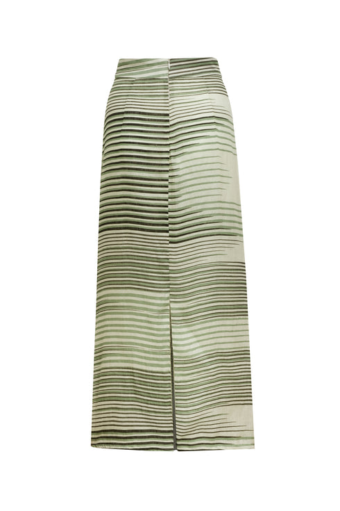 Beatrice Pleated Linen Midi Skirt / Green Stripes
