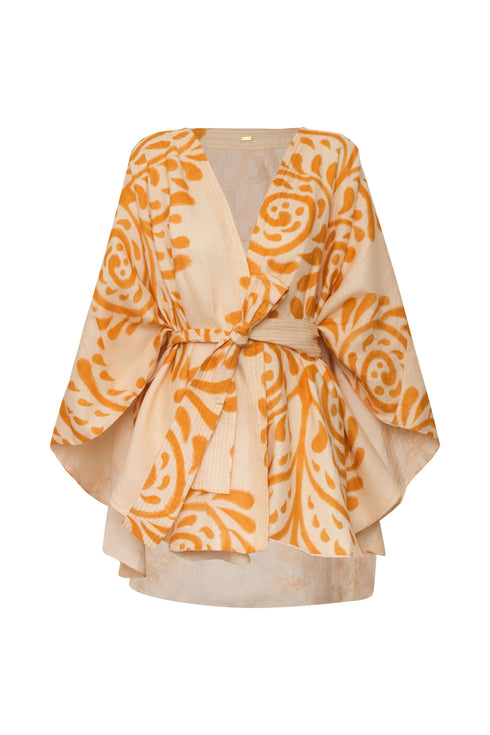 Cavalo Hand Embroidered Linen Poncho / Ecru Yellow Arabesque