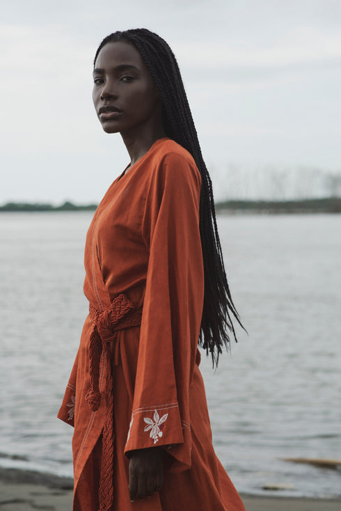 Bocas de San Juan Linen Kaftan Embroidered / Terracota
