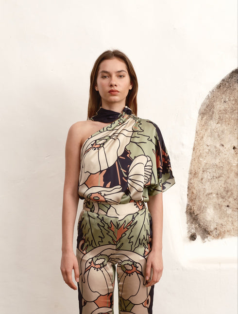 Chiminango Satin Silk Blouse / Sage Gladiolos Garden