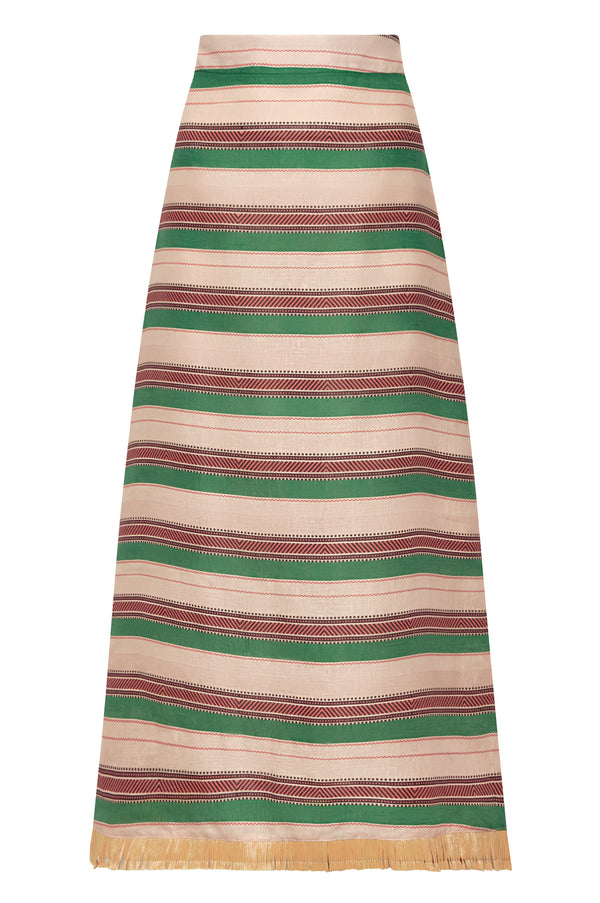 El Carmelo Linen Midi Skirt / Green Artisanal Stripes
