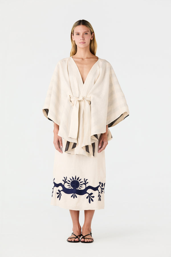 Cavalo Embroidered Linen Poncho / Ivory and Navy