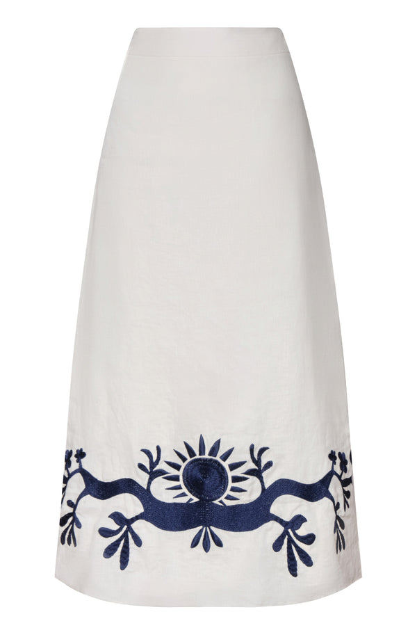 El Carmen Embroidered Midi Skirt / Ivory and Navy