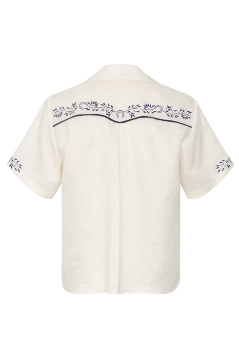 El Jared Linen Embroidered Shirt / Ivory Blue Horseshoes