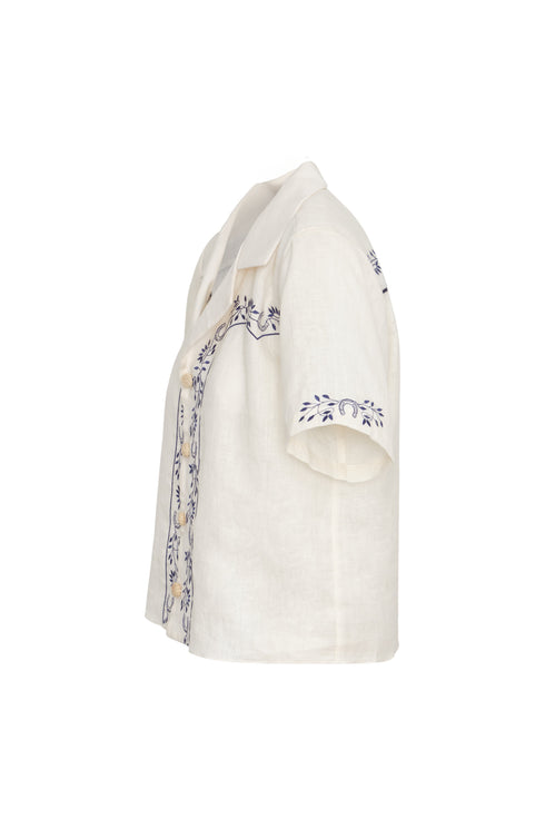 El Jared Linen Embroidered Shirt / Ivory Blue Horseshoes