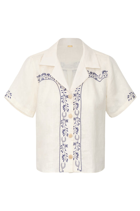 El Jared Linen Embroidered Shirt / Ivory Blue Horseshoes