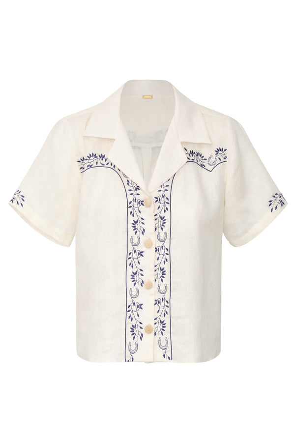 El Jared Linen Embroidered Shirt / Ivory Blue Horseshoes