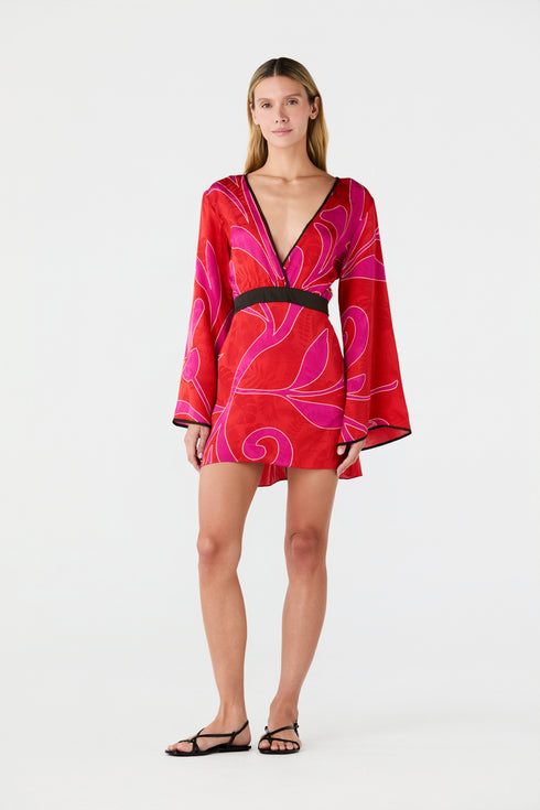 Francisca Silk Jacquard Mini Dress / Red & Fuchsia Maxi Buganvilia