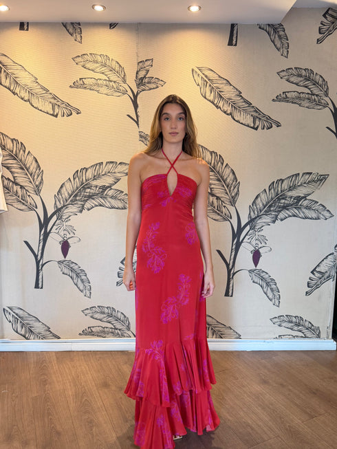 Sevillana Silk Crepe Maxi Dress / Red & Fuchsia Buganvilias
