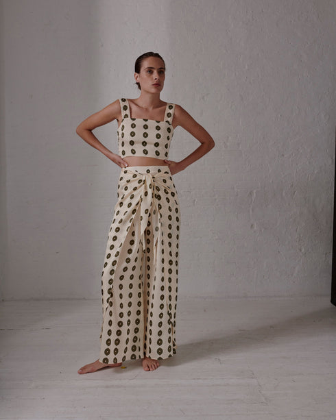 La Bamba Silk Martellato Pants / Ivory Green Chintz