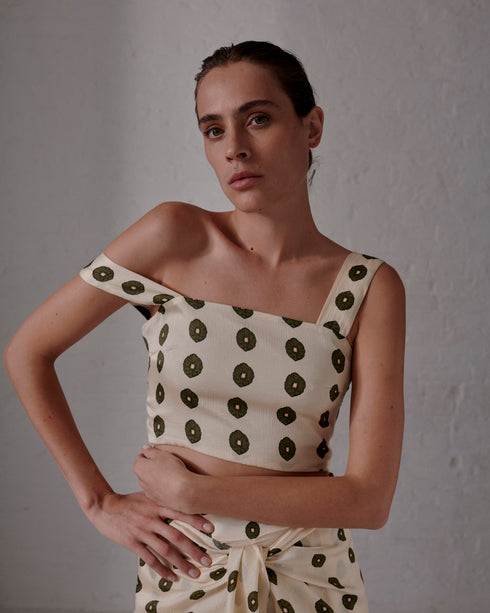 Marimba Silk Martellato Top / Ivory Green Chintz