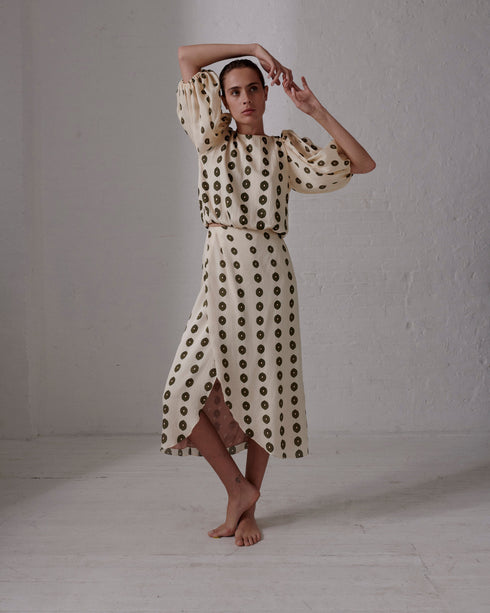 Amaime Silk Martellato Midi Skirt / Ivory Green Chintz