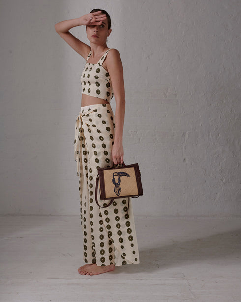 La Bamba Silk Martellato Pants / Ivory Green Chintz