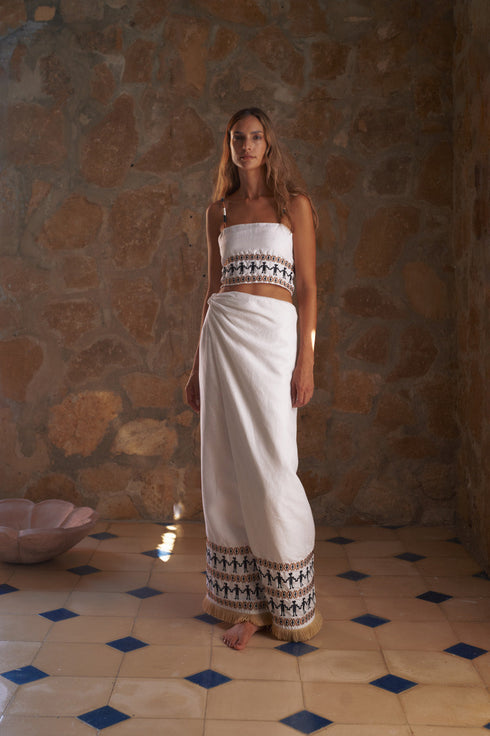 Guainia Linen Midi Skirt / White Embroidered